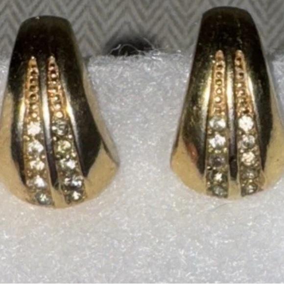 VINTAGE  Christian Dior Gold Huggie Crystal Clip-on Earrings Authentic - Picture 1 of 5